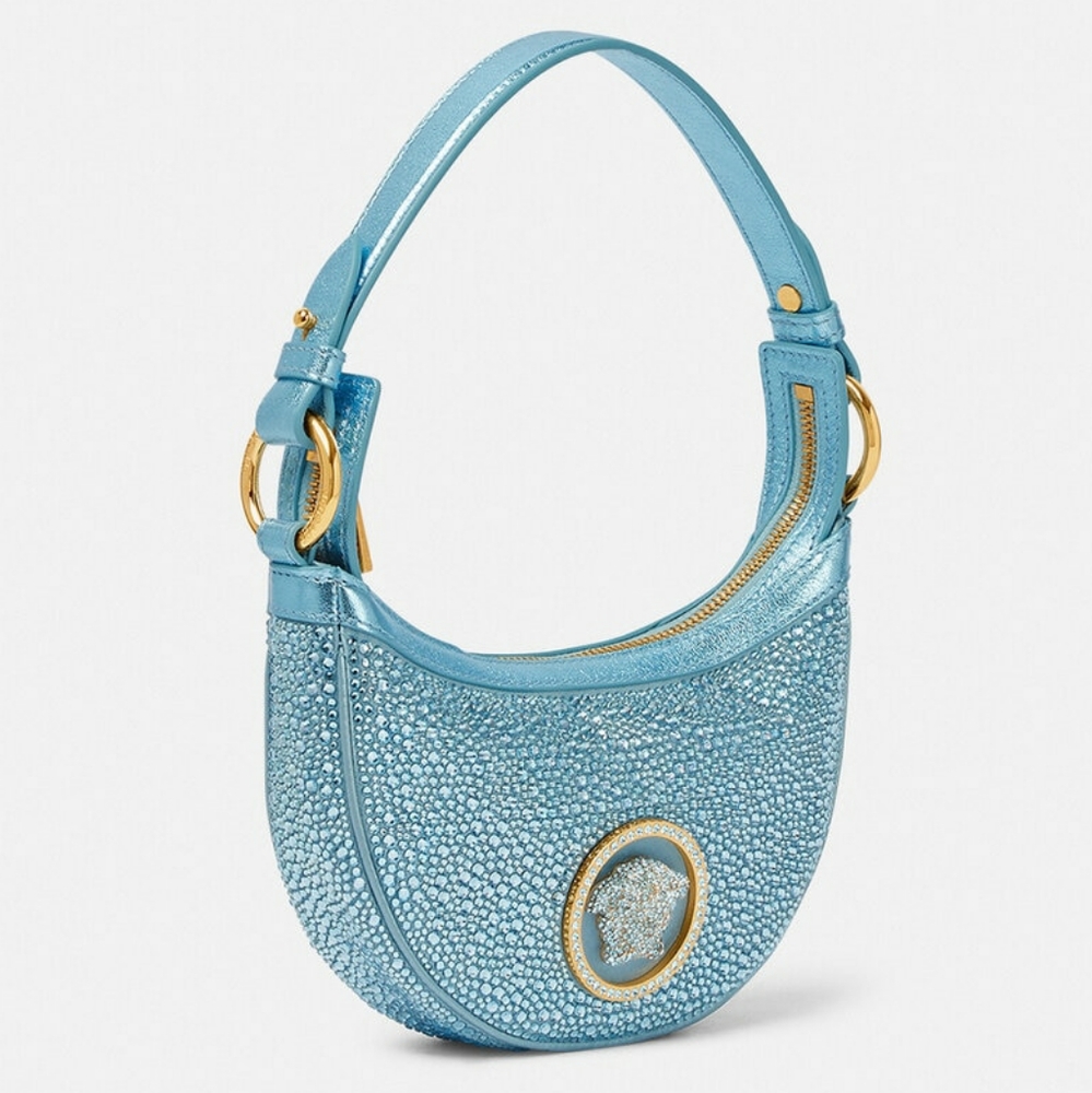💙Versace Crystal Repeat Mini Silk light blue Medusa head Hobo Bag Dua Lipa NWB